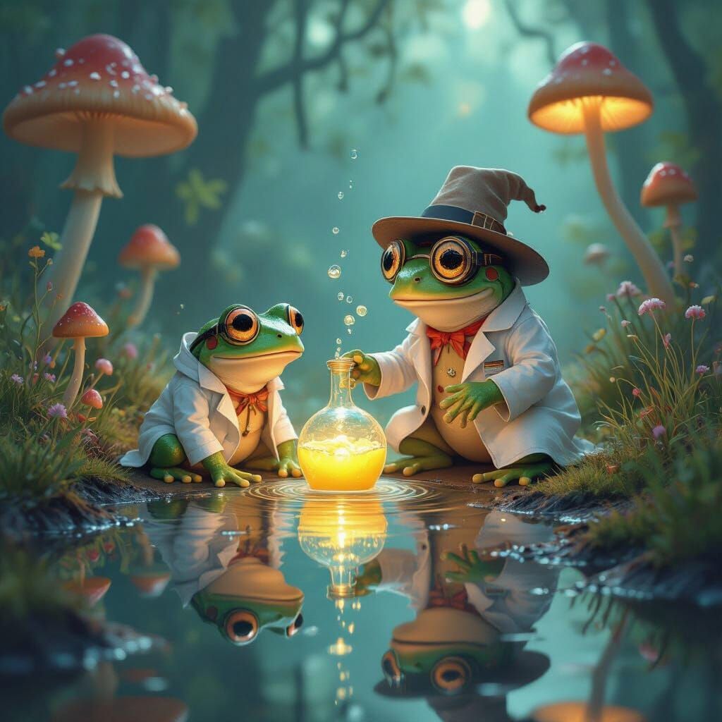 Frog Inventor Spills Potion, Reflection Wears Hat