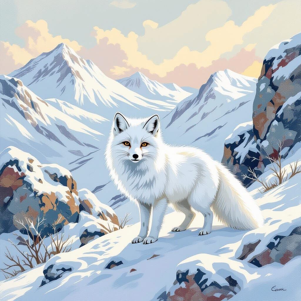 Arctic Fox on Snowy Tundra, in Gouache Painting Style