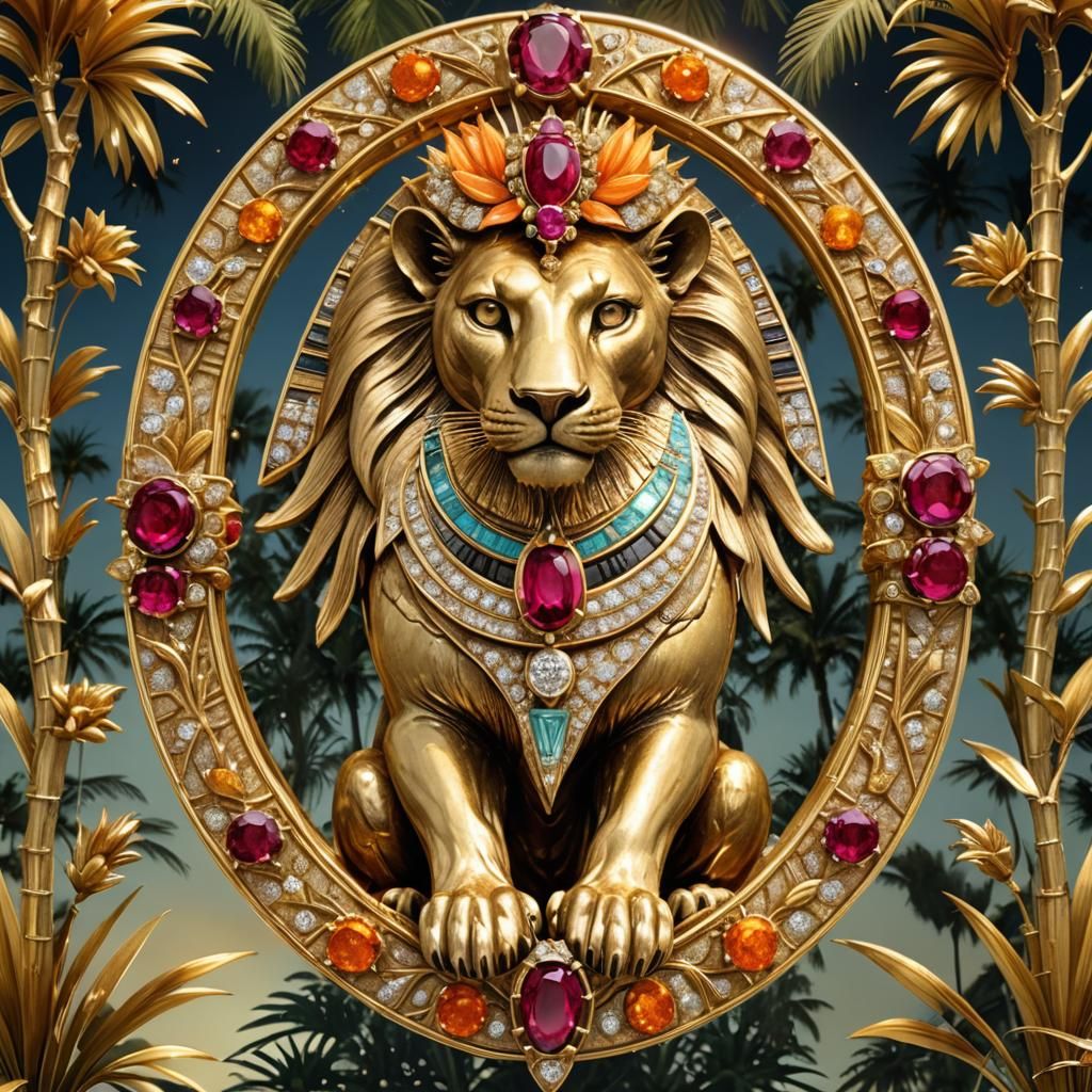 Egyptian Goddess Sekhmet Brooch with Diamonds and Gold