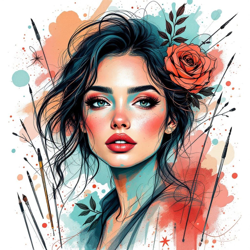 Modern Design Sketch of Woman with Art Tools