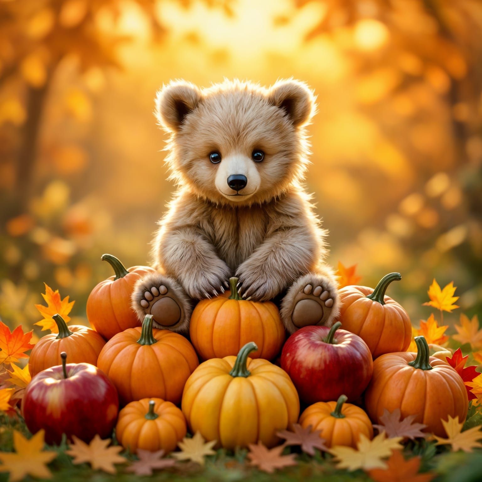 Whimsical Bear Cub in Magical Autumn Harvest