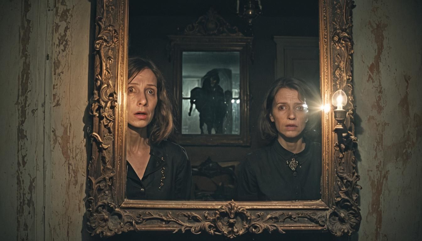 Terrified Woman and Haunted Mirror in Dark Surrealism