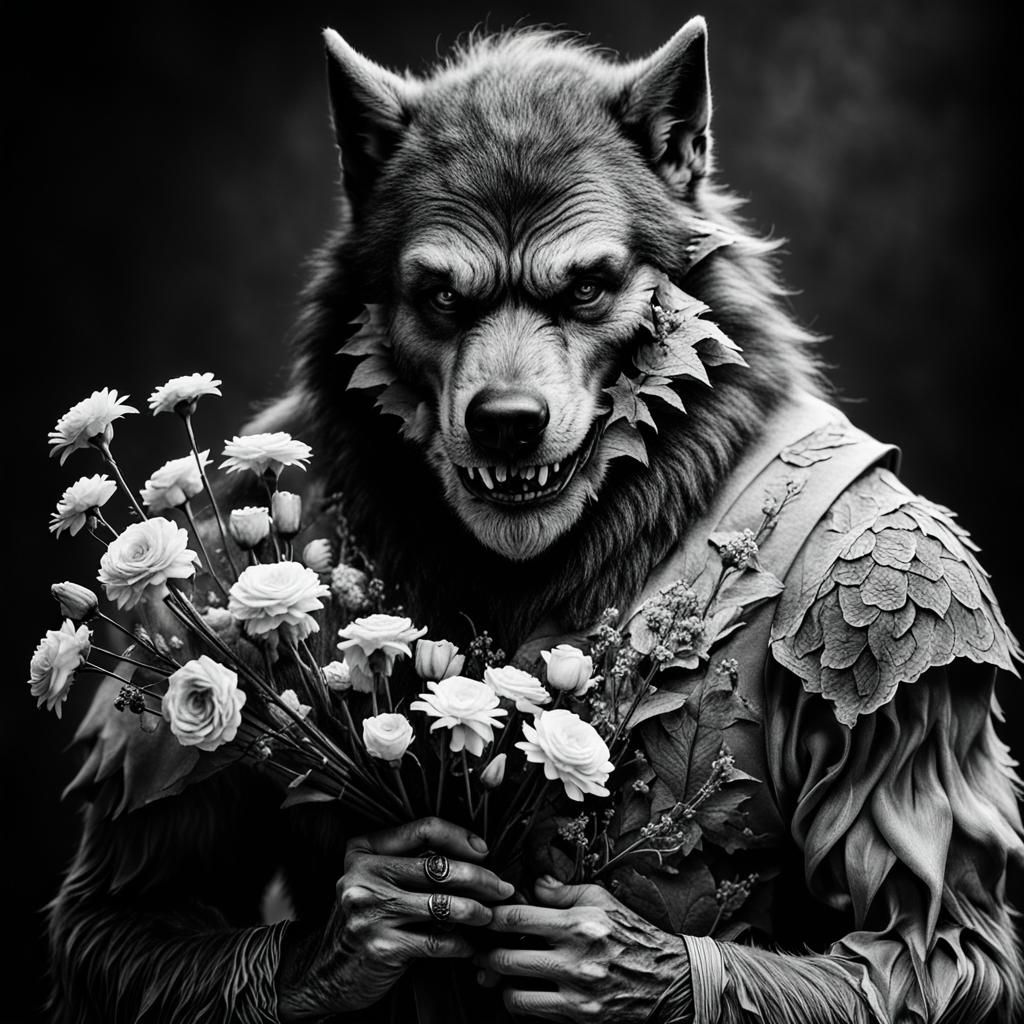 Werewolf's Floral Offering: A Black and White Portrait