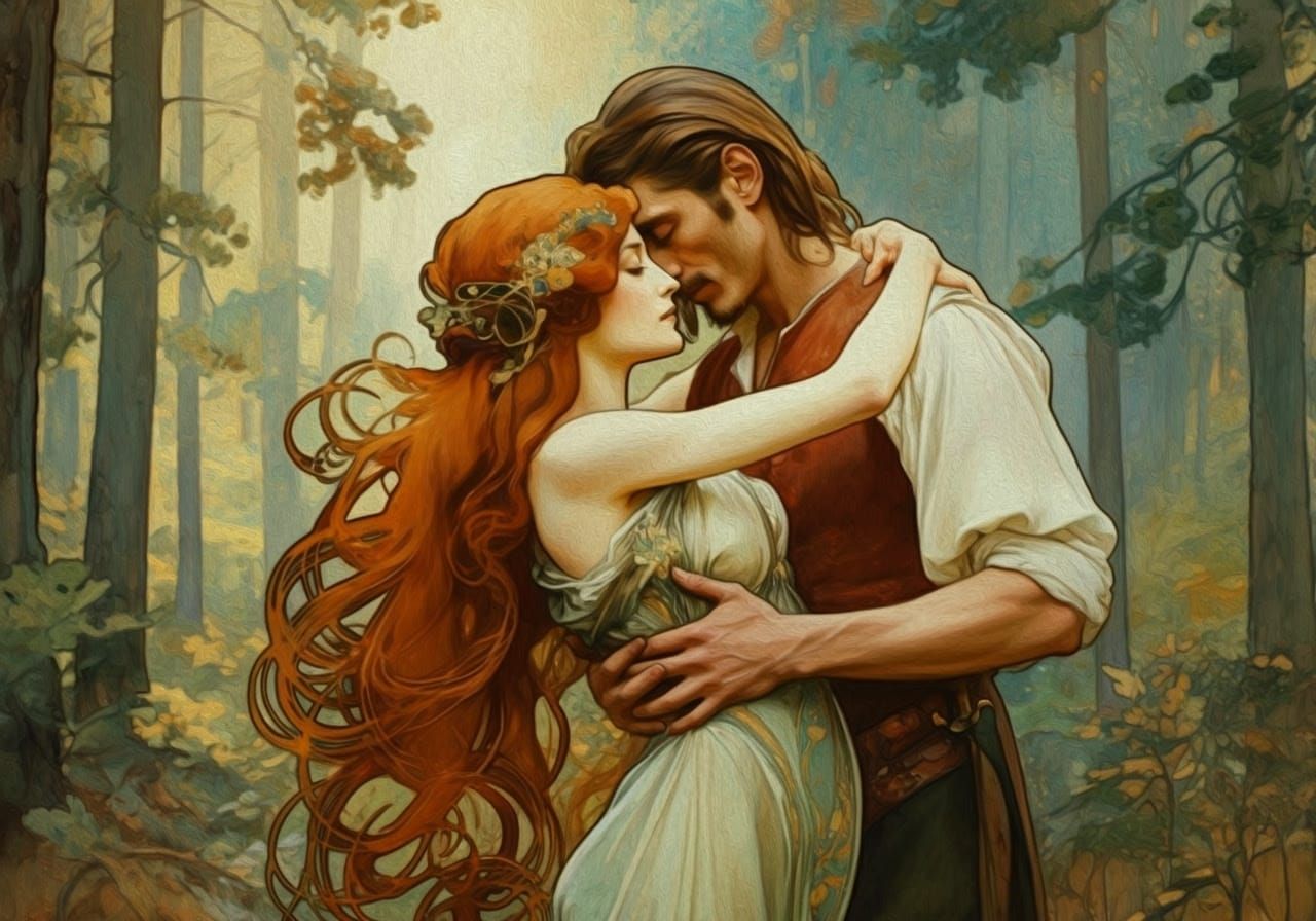 Romantic Embrace in Golden Forest, Art Nouveau Style