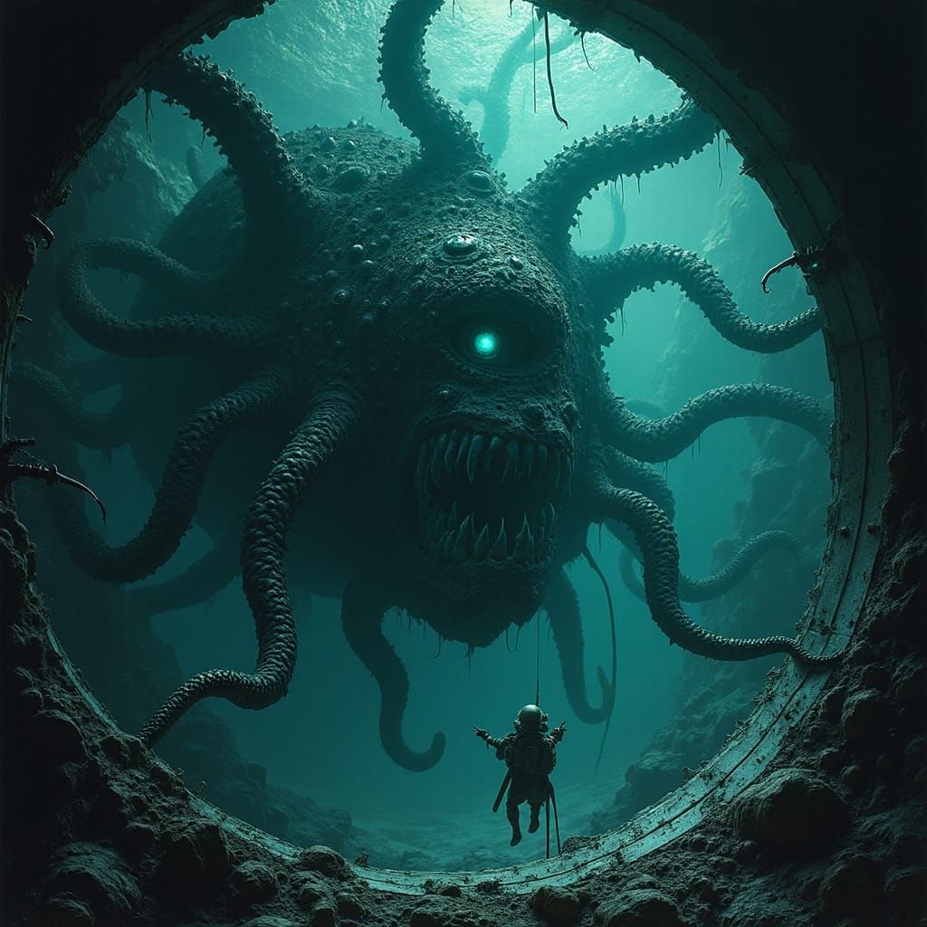 Submersible Encounters Abyssal Horror in Surreal Style