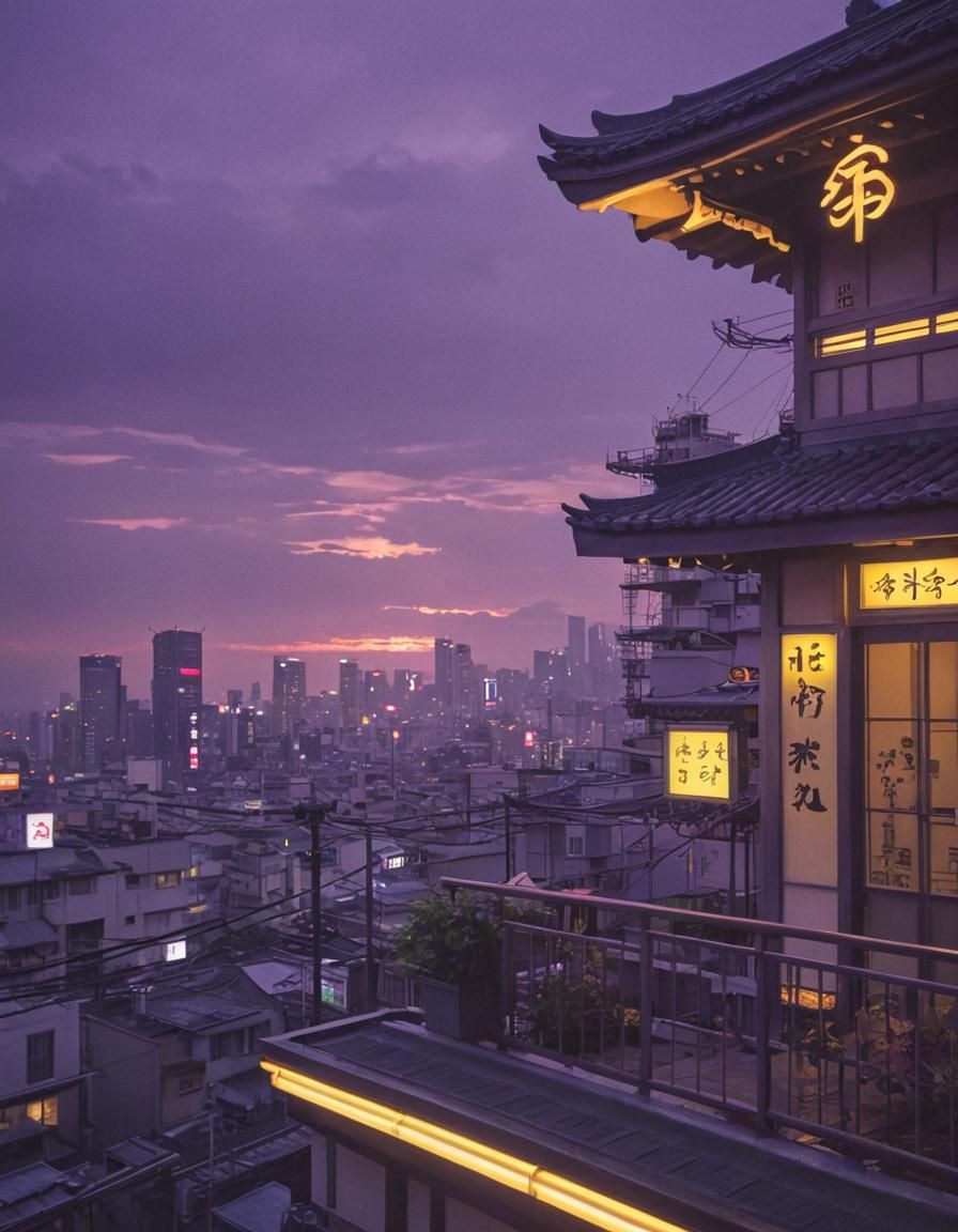 Futuristic Japanese City Sunset with Neon Symbols