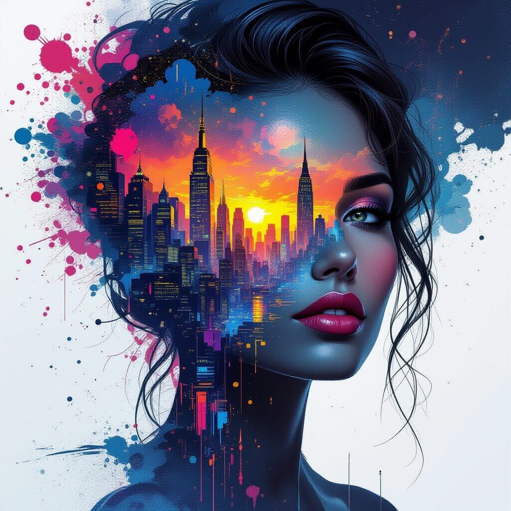 Cityscape Inside Female Silhouette, Hyperrealistic Splash Ar...