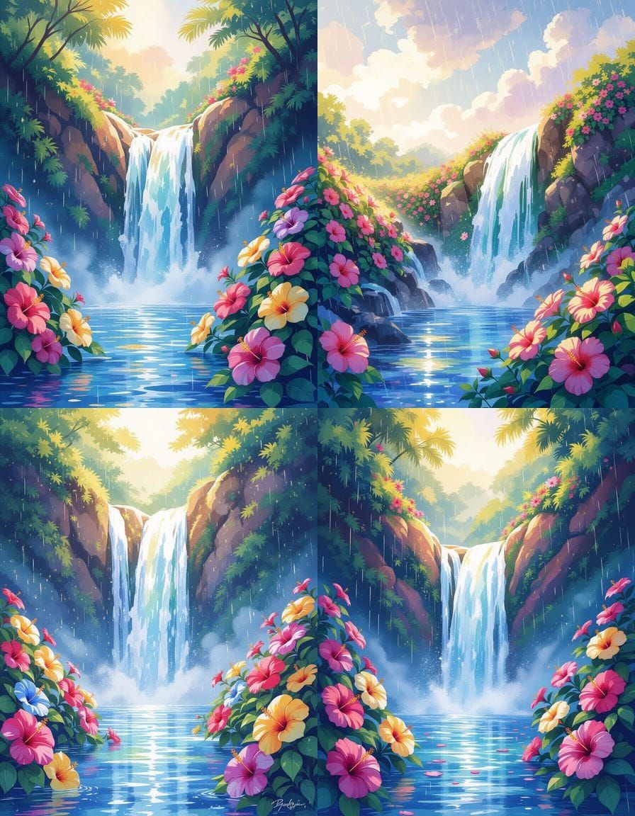 Vibrant Waterfall in Watercolor Splash Art