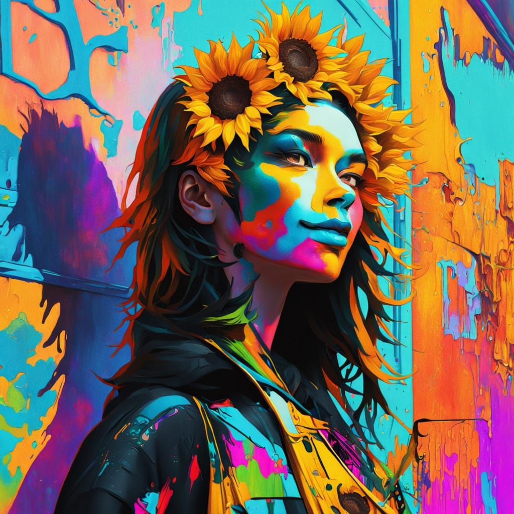 Graffiti-Inspired Young Woman Amidst Vibrant Sunflowers and ...