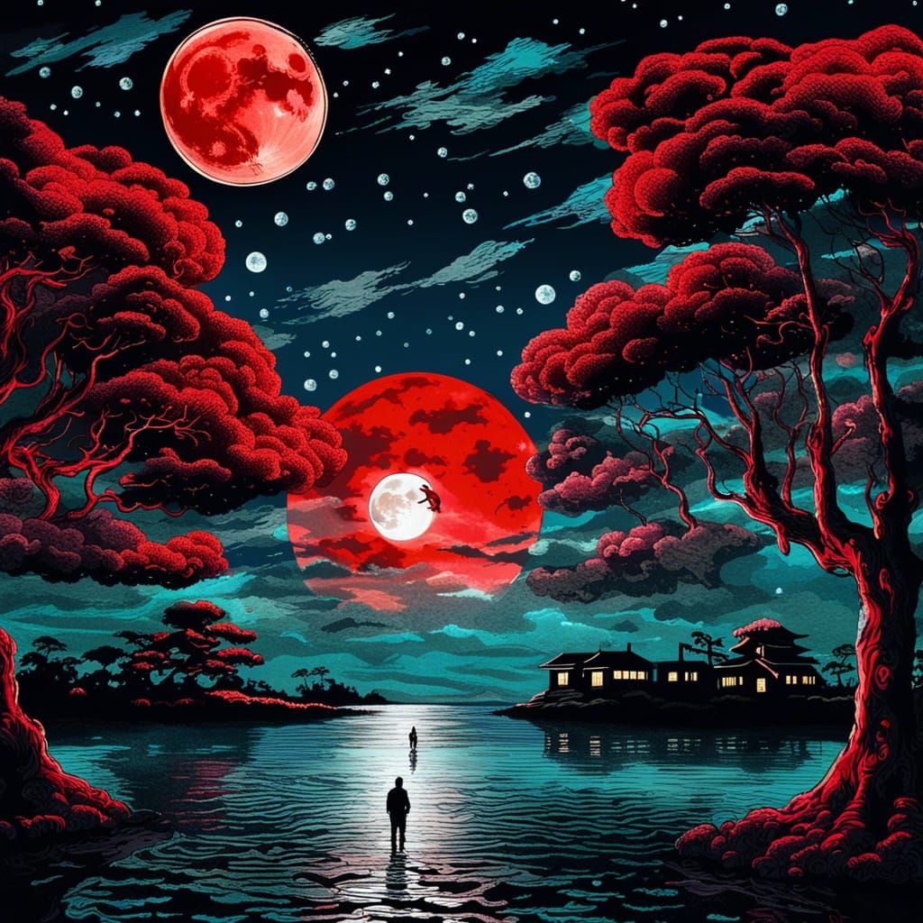 Surreal Ocean View with Red Moon and UFO