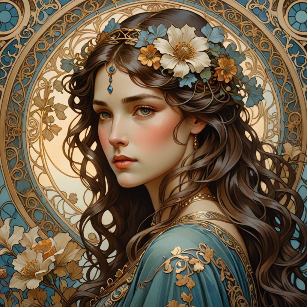 Art Nouveau Portrait: Woman with Floral Adornments