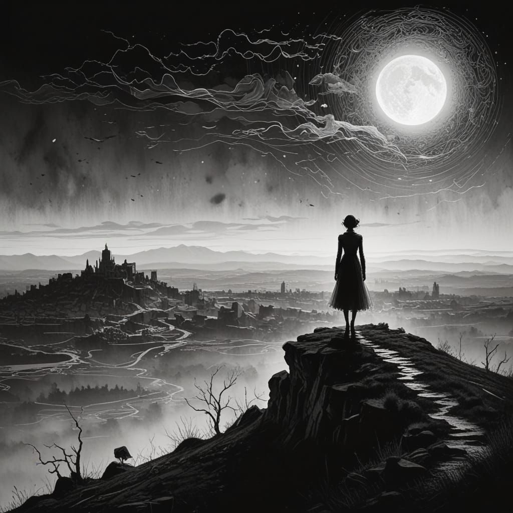 Mystical Cityscape Etching in Paul Klee Style