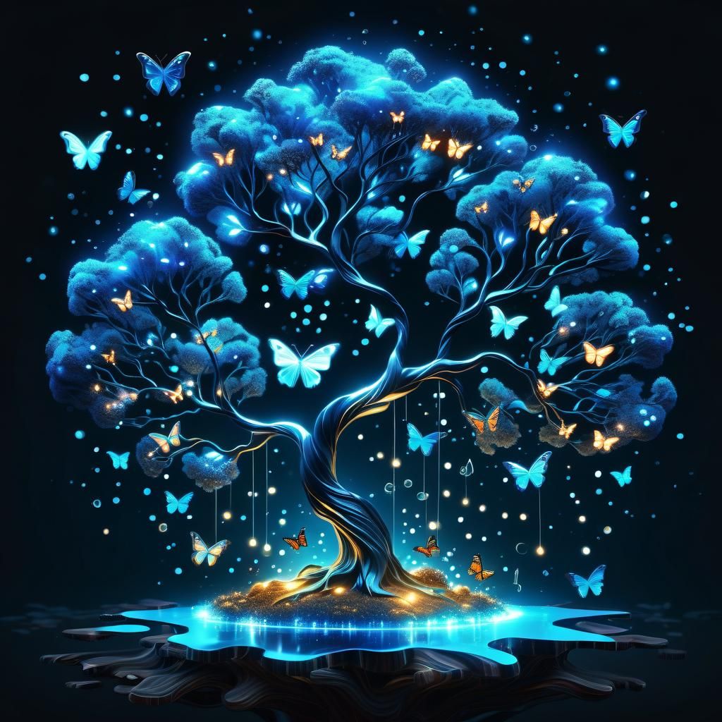 Bioluminescent Blue Tree with Butterflies in 3D Art