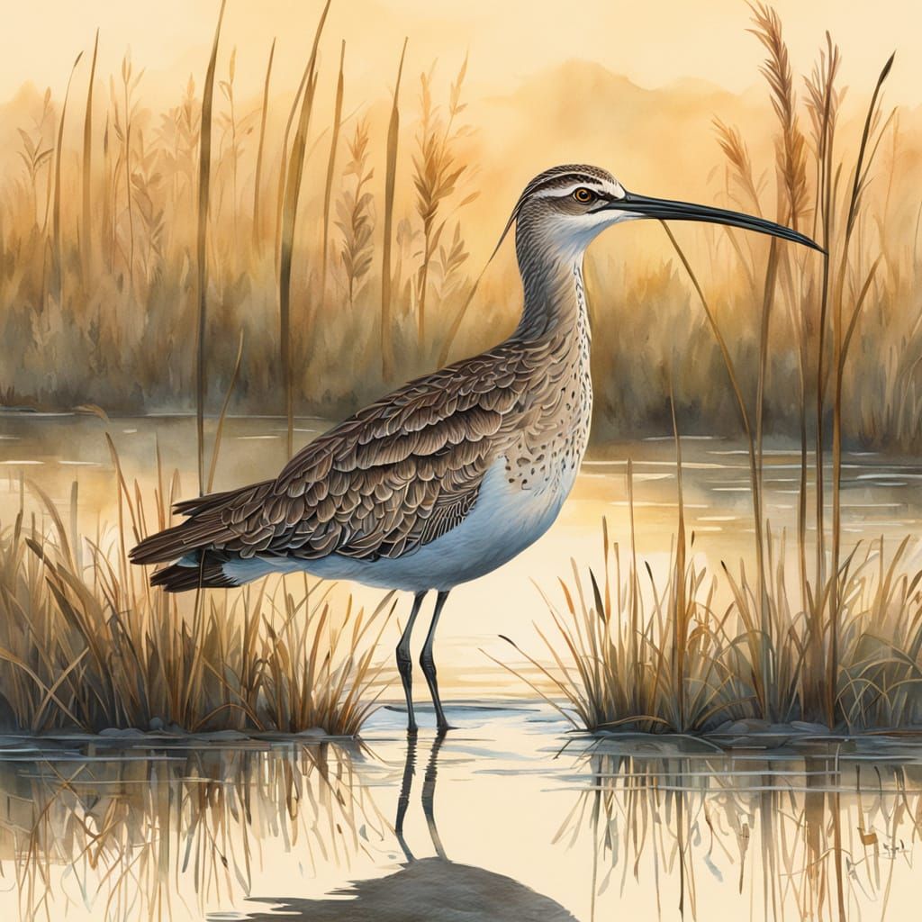 Majestic Whimbrel in Serene Salt Marsh Landscape