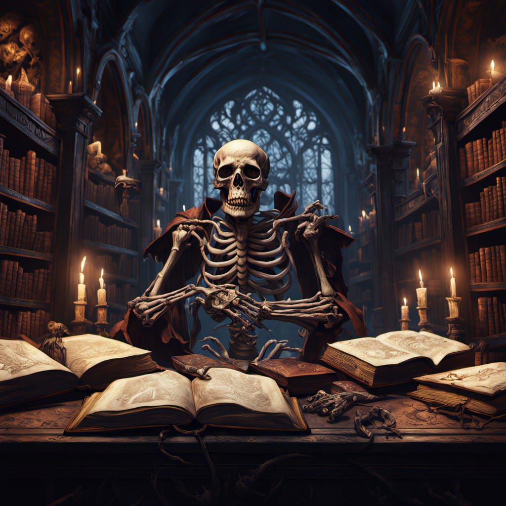 Demonic Writer in a Haunted Library of Skeletons and Ancient...