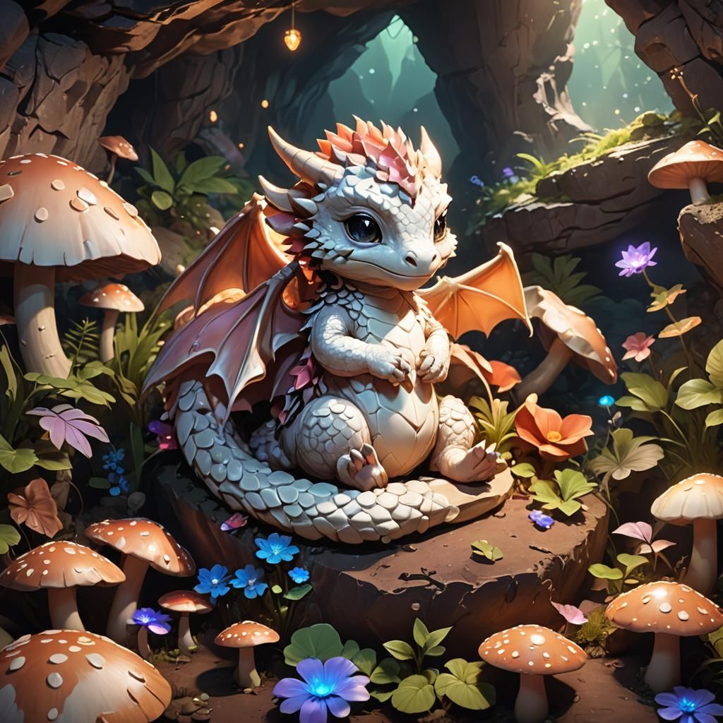Anime Cave Dragon Baby Sleeping in Mushroom Cave