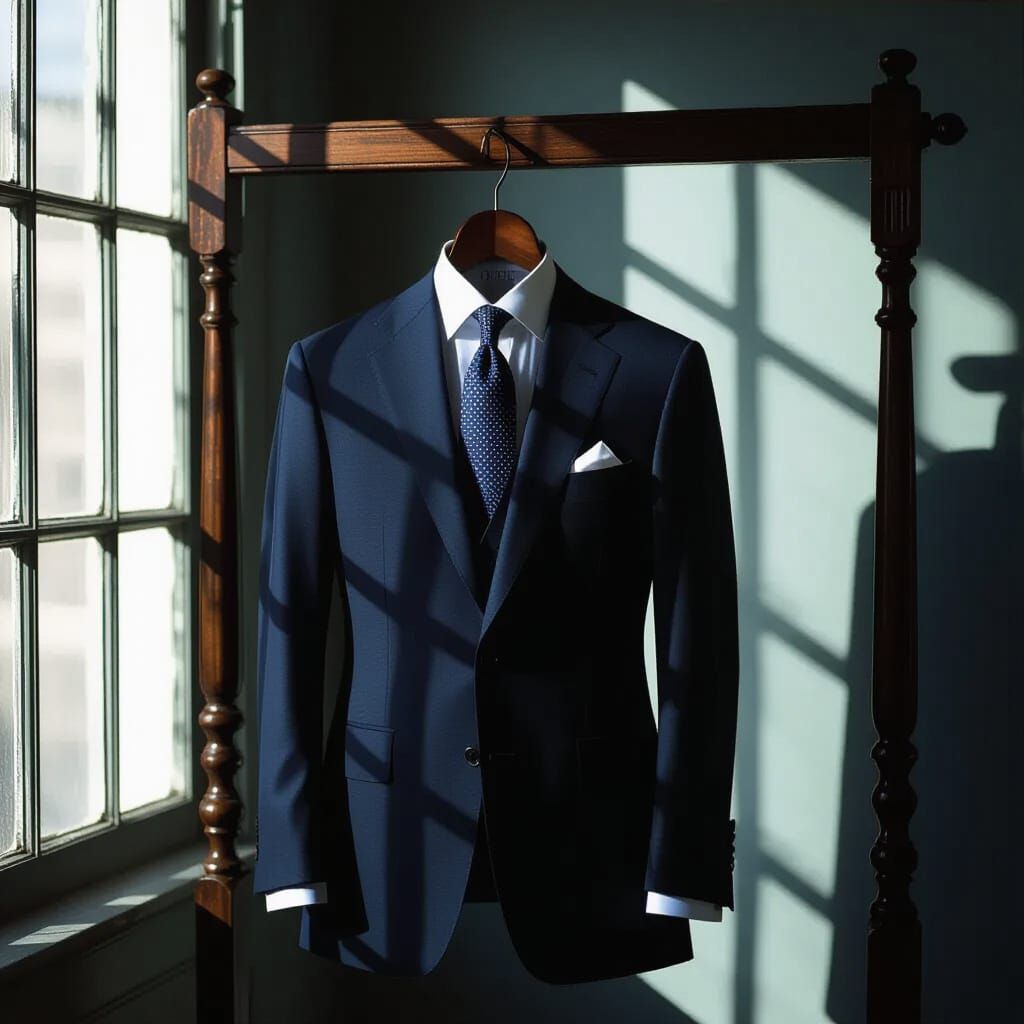 Navy Suit on Vintage Stand in Moonlight