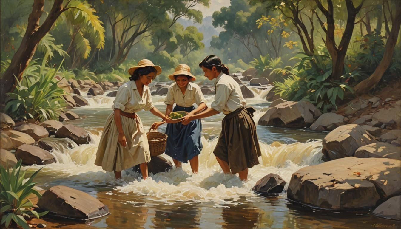 Filipino Woman Washing Clothes in Stream: Oil Painting