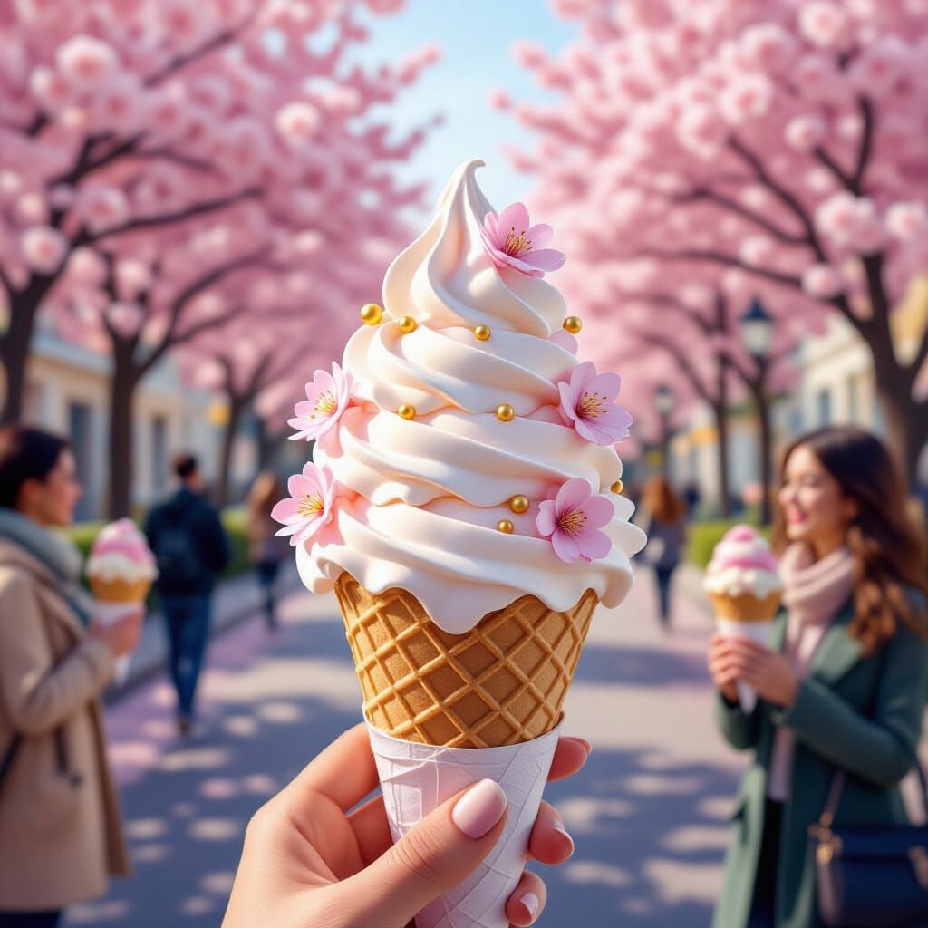 Elegant Cherry Blossom Ice Cream Cone in 3D