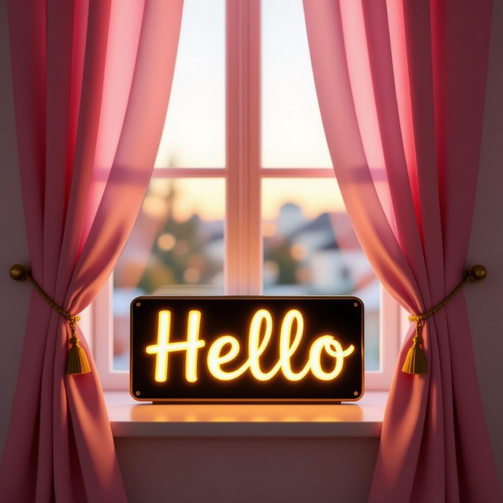 Hello Sign in Window with Pink Curtains