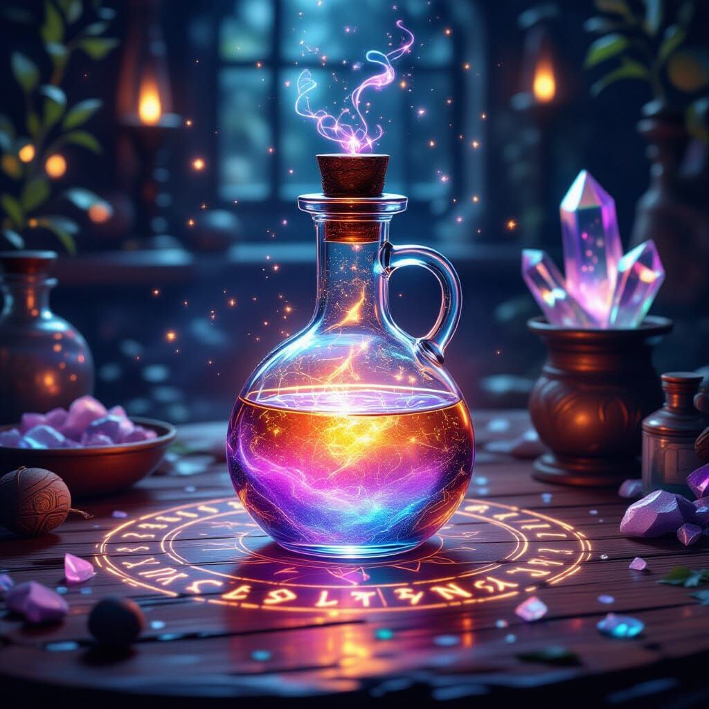 Alchemist's Table with Glowing Elixir and Magical Ingredient...