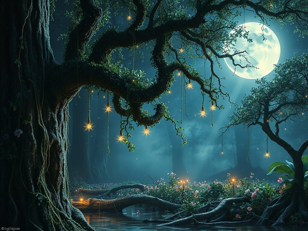 Magical Nighttime Scene with Twinkling Stars and Vines