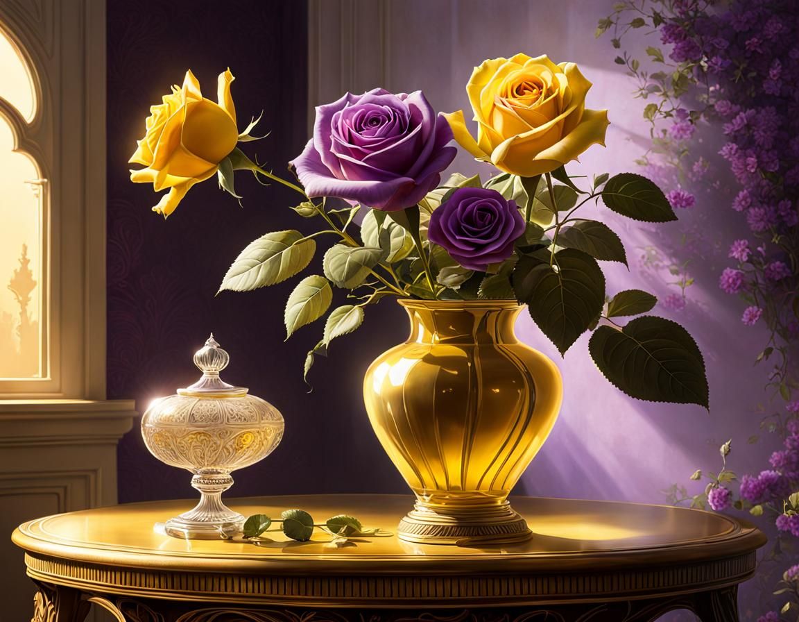 Yellow Rose in Victorian Parlor, Hyperrealistic Splash Art