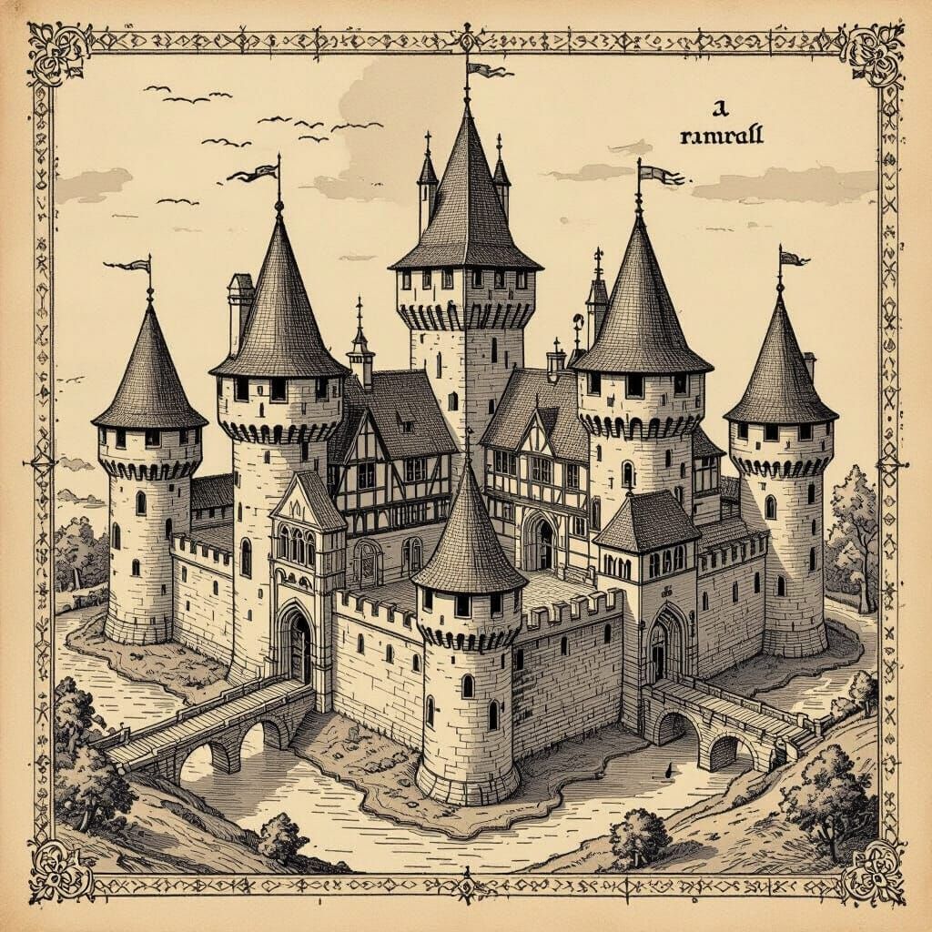 Medieval Castle Blueprint from 420 AD with 6 Turrets