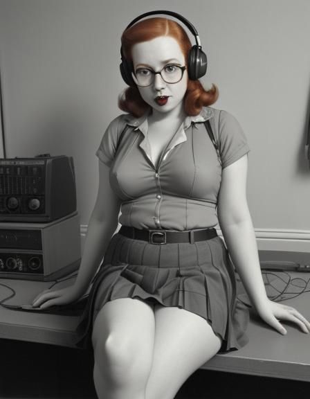 Redhead at Tape Recorder in 1940s Style