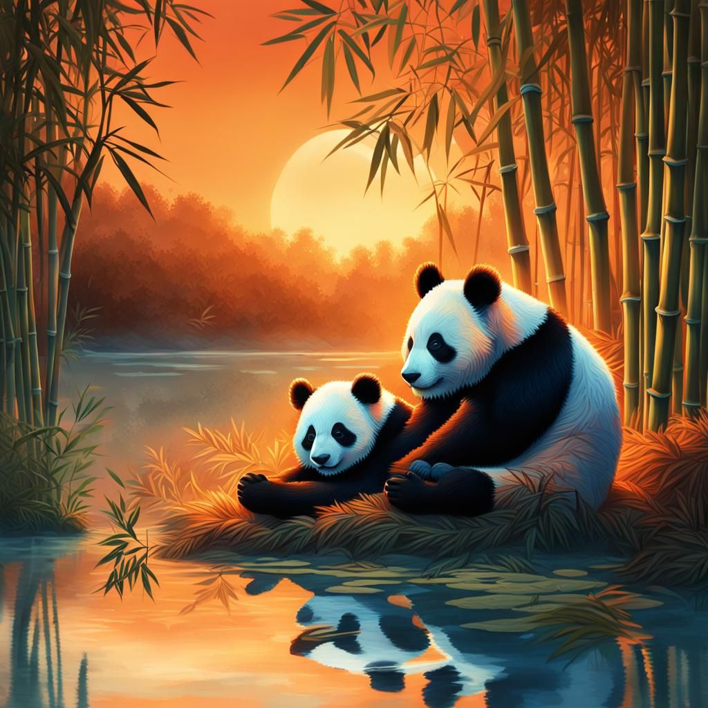 Panda Family at Sunset: Fantasy Concept Art