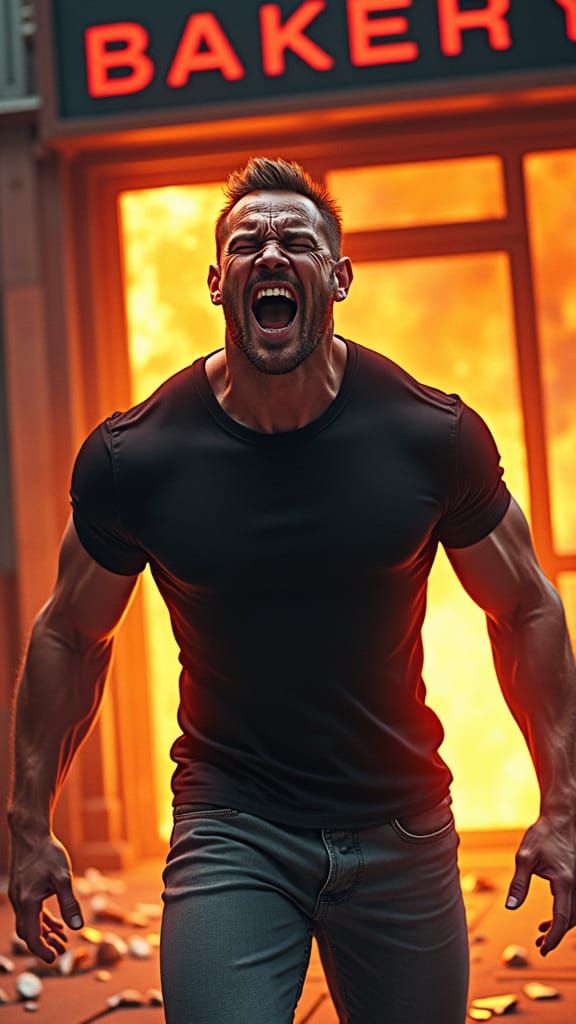 Desperate Escape from Burning Bakery: Hyper-Realistic Concep...