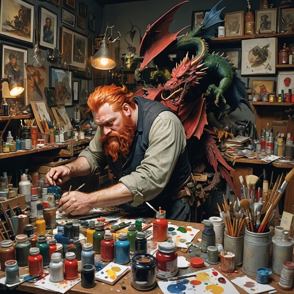 Redhead Paints Dragon Miniature, Fantasy Art Style