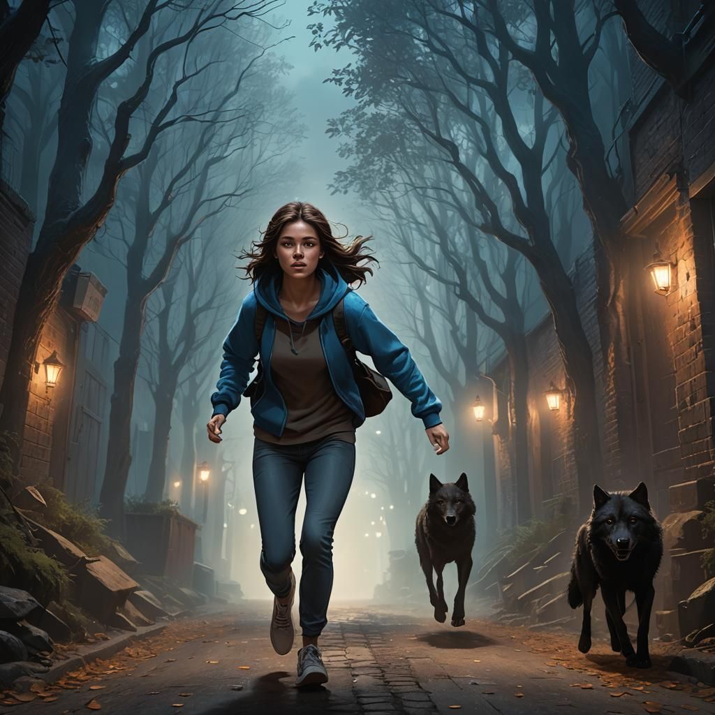 Girl and Wolf in Mystical Forest Alley