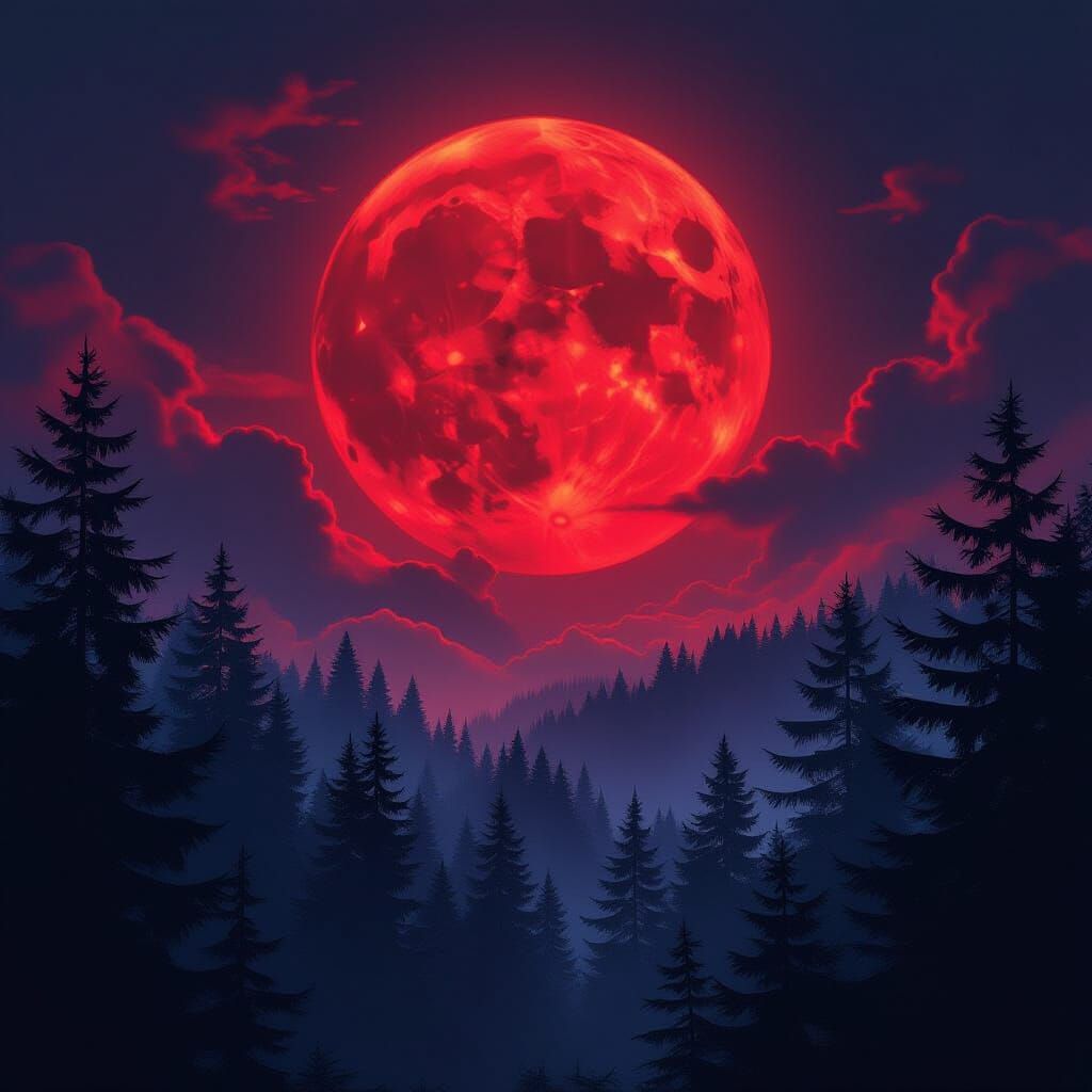 Mystical Forest Under Dramatic Blood Moon
