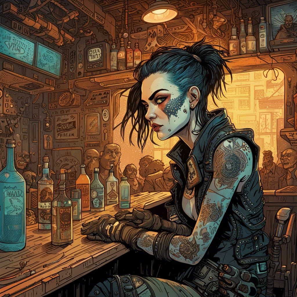 Tough Biker in Dystopian Post-Apocalyptic Bar