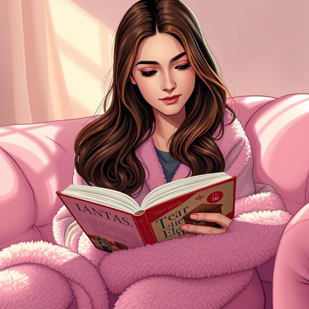 Serene Teenage Girl Reads Fantasy Novel in Cozy Rose-Hued Ro...