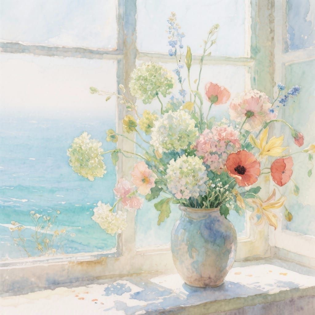 Sunlit Watercolor Blooms Spill from Vase Overlooking Sea