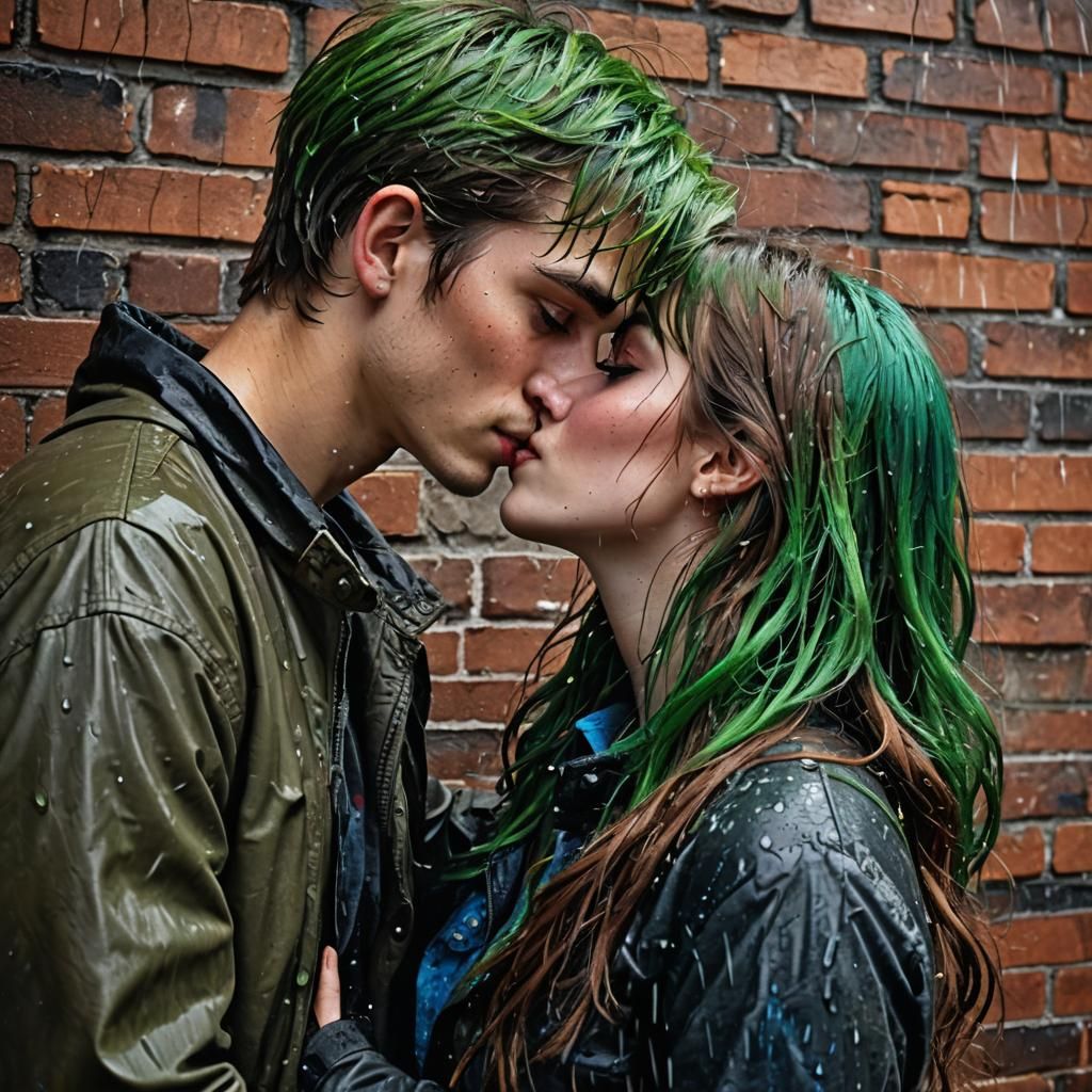 Couple Kissing in Rain: Hyperrealistic Vivid Photo