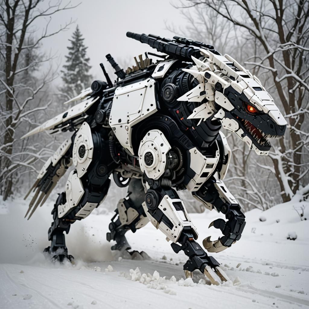 Armored Mechanical Creature Running in Snow
