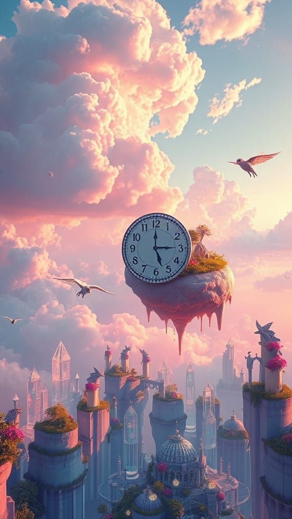 Ethereal Dreamscape with Melting Clocks and Vibrant Hues