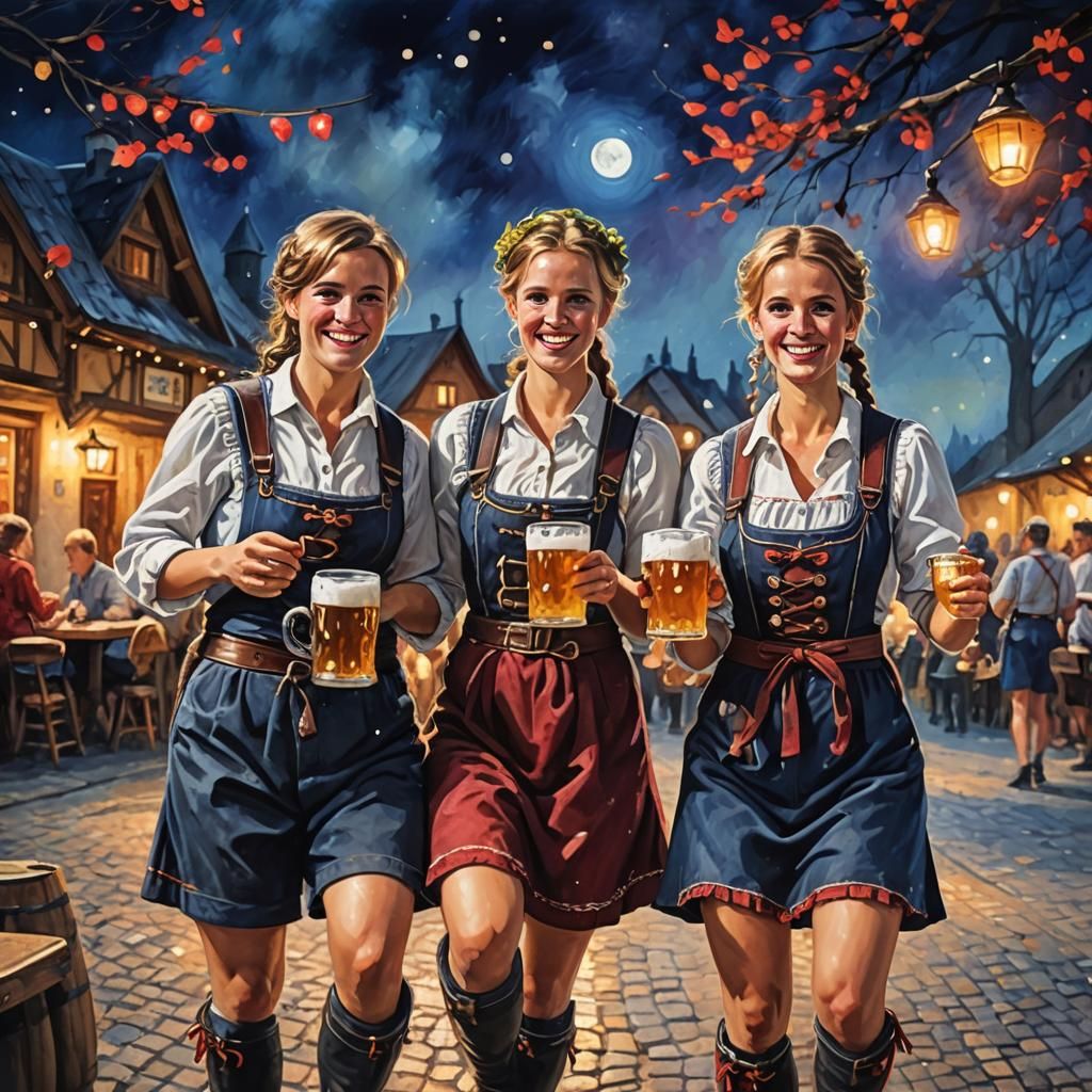 Bavarian Festivities Under Moonlight: An Expressionist Oil P...