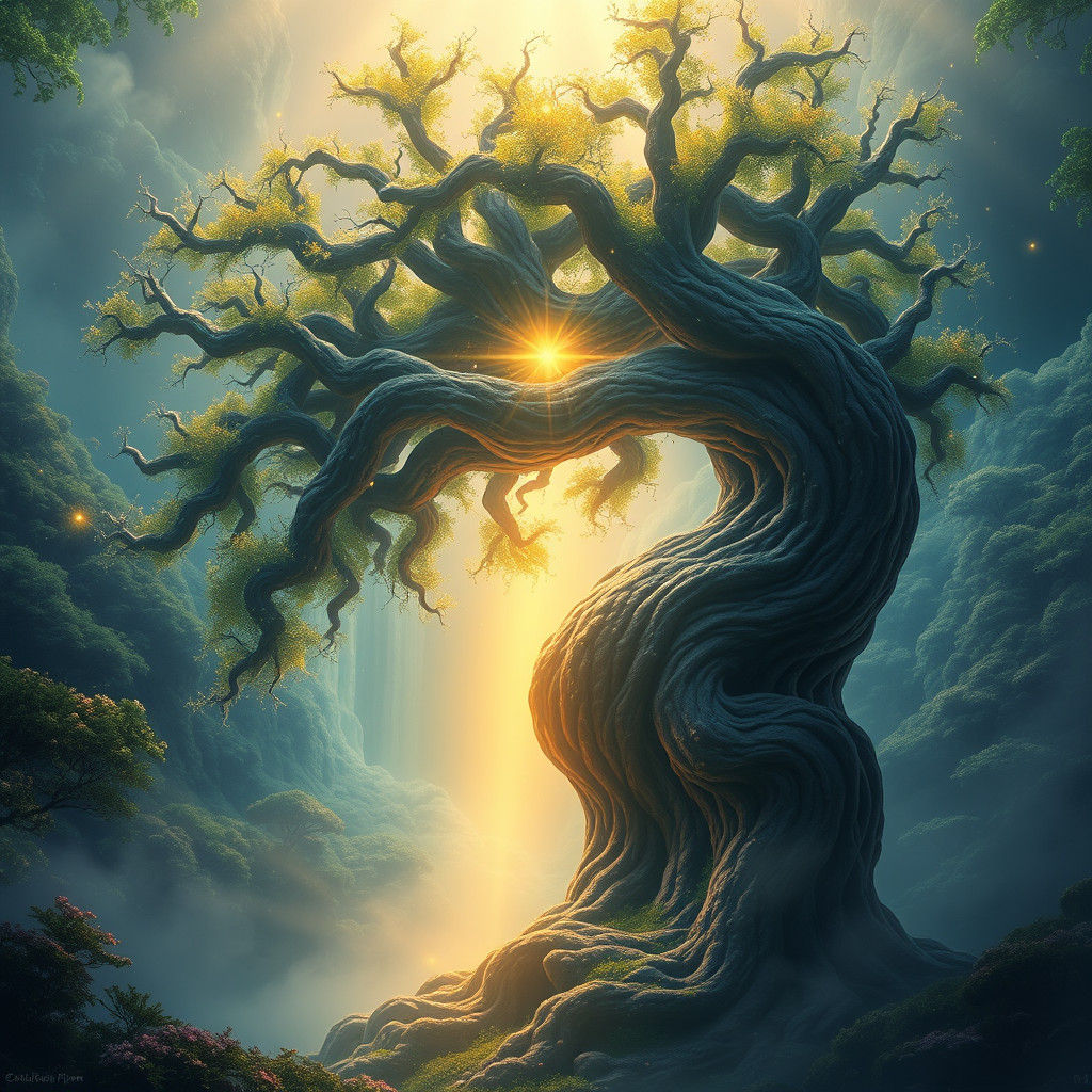 Ethereal Tree of Prayer in Fantasy Landscape