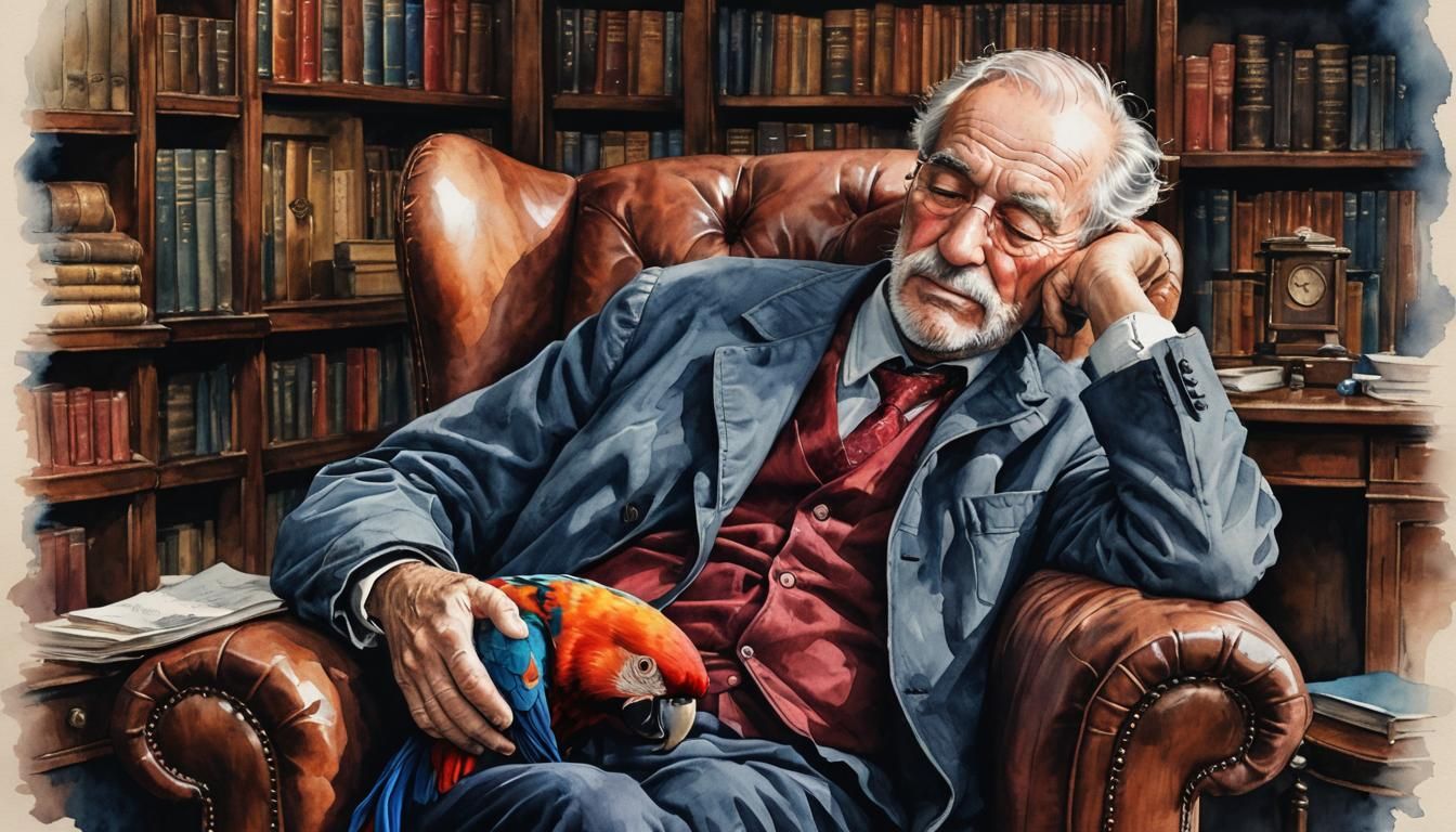 Old Man and Parrot: Watercolor and Ink Drawing