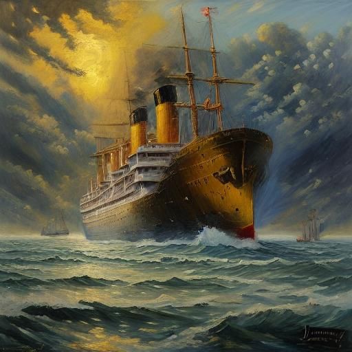 Majestic Ship on Choppy Sea: Oil Painting