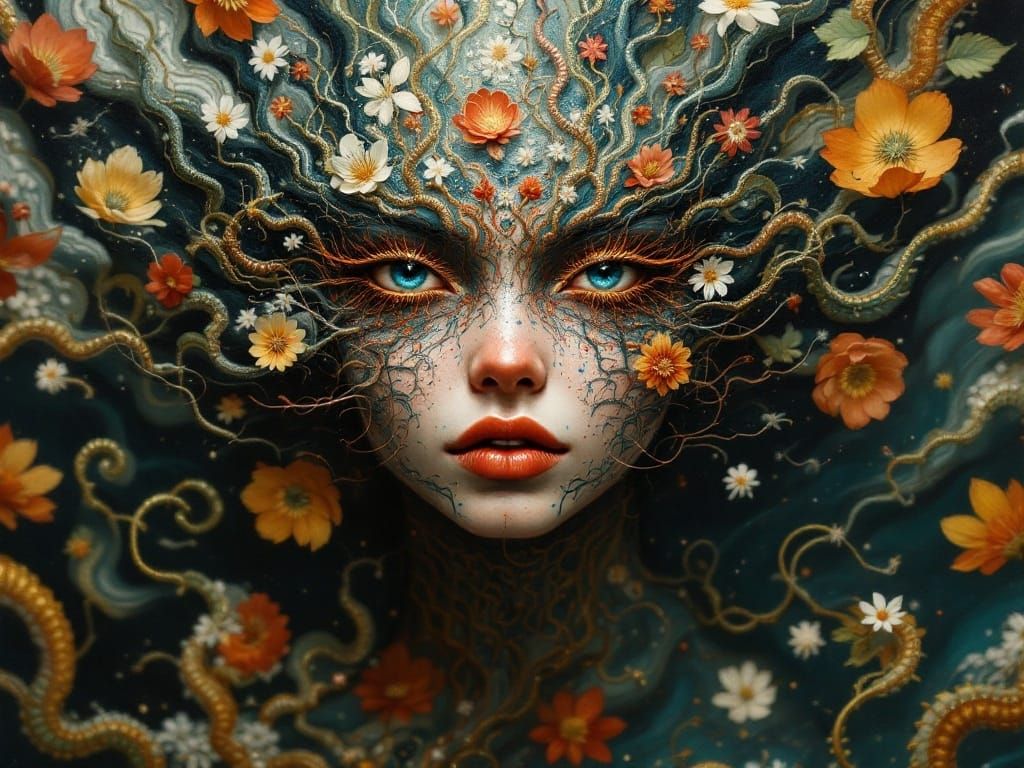 Abstract Portrait in Cloisonné Style over Dark Tsingy Rouge