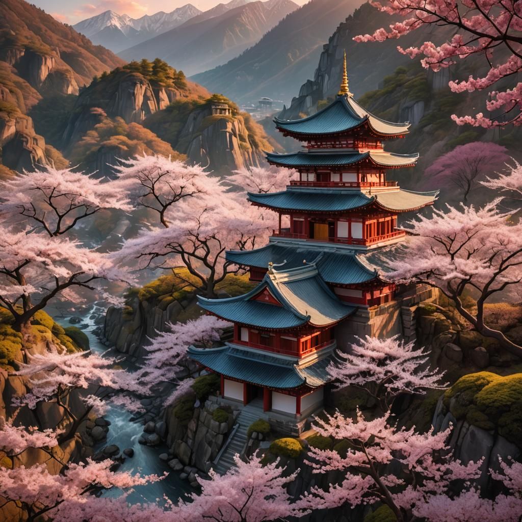 Cherry Blossoms Surround Mountain Temple Sunset Landscape
