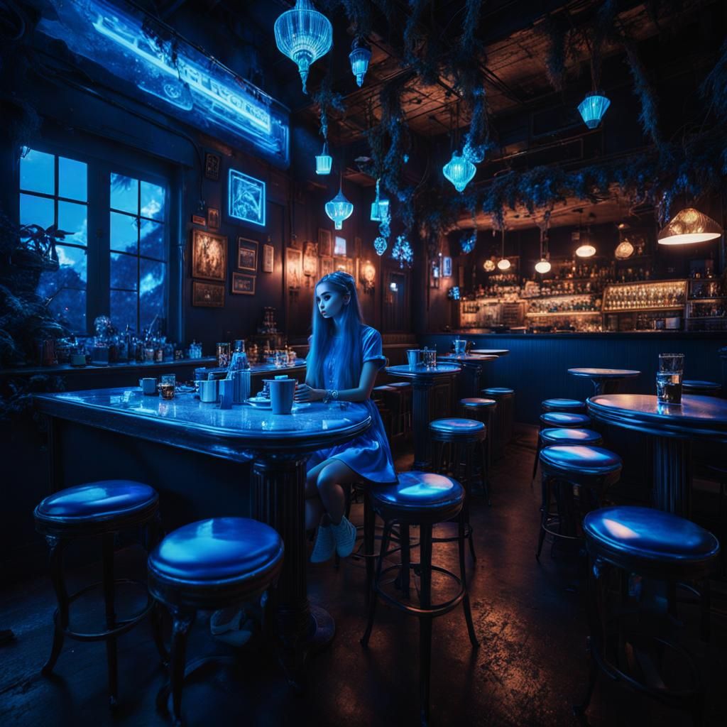 Bioluminescent Rave Cafe in Monochromatic Blue
