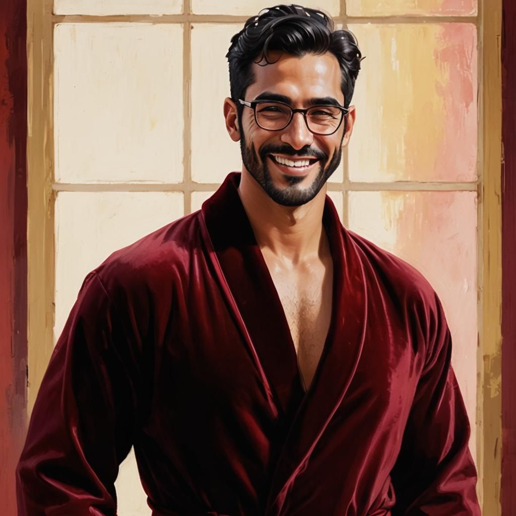 Cheerful Man in Red Velvet Bathrobe: Impasto Gouache Portrai...