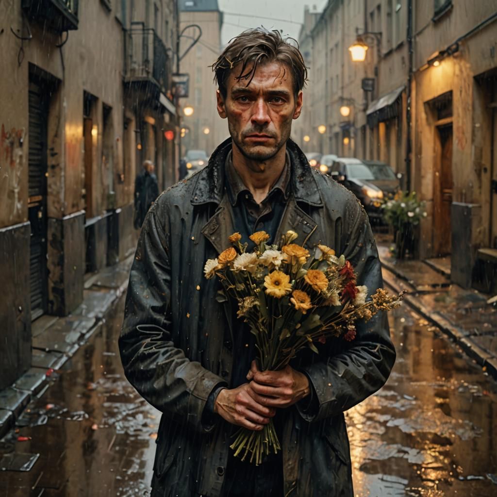 Melancholic Man in Rainy Alleyway: An Expressionist Portrait