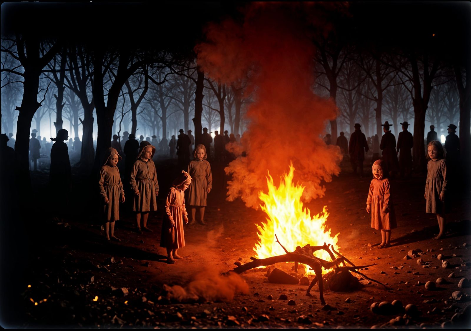 Creepy Samhain Celebration with Bonfire and Disguised Figure...